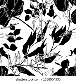 Vector Eucalyptus tree leaves jungle botanical. Black and white engraved ink art. Seamless background pattern. Fabric wallpaper print texture.