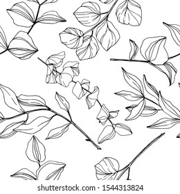 Vector Eucalyptus tree leaves jungle botanical. Black and white engraved ink art. Seamless background pattern. Fabric wallpaper print texture.