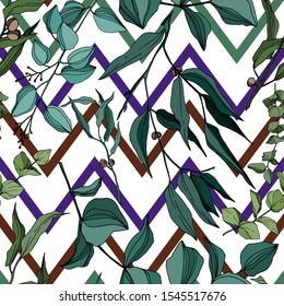 Vector Eucalyptus tree leaves jungle botanical. Black and white engraved ink art. Seamless background pattern. Fabric wallpaper print texture.