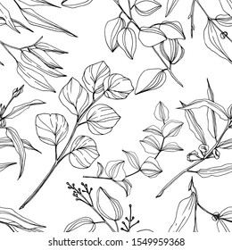 Vector Eucalyptus tree leaves jungle botanical. Black and white engraved ink art. Seamless background pattern. Fabric wallpaper print texture.