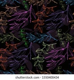 Vector Eucalyptus tree leaves jungle botanical. Black and white engraved ink art. Seamless background pattern. Fabric wallpaper print texture.