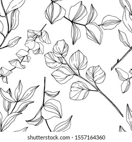 Vector Eucalyptus tree leaves jungle botanical. Black and white engraved ink art. Seamless background pattern. Fabric wallpaper print texture.