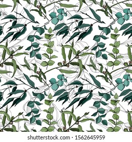 Vector Eucalyptus tree leaves jungle botanical. Black and white engraved ink art. Seamless background pattern. Fabric wallpaper print texture.