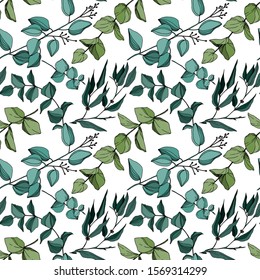 Vector Eucalyptus tree leaves jungle botanical. Black and white engraved ink art. Seamless background pattern. Fabric wallpaper print texture.