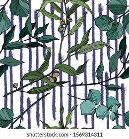 Vector Eucalyptus tree leaves jungle botanical. Black and white engraved ink art. Seamless background pattern. Fabric wallpaper print texture.