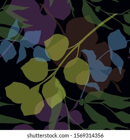 Vector Eucalyptus tree leaves jungle botanical. Black and white engraved ink art. Seamless background pattern. Fabric wallpaper print texture.