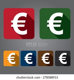 Vector : Euro Currency Flat Long Shadow Style Icon, Label, Sticker, Sign or Banner 