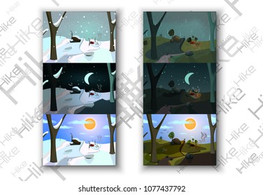Vector euro flyers on stylish background. Realistic shadows. Flat cartoon illustrations with different weather and season. Summer and winter, day and night. snow and rain. High quality images stars. 
