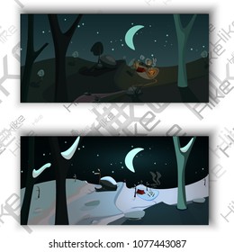 Vector euro flyers with realistic shadow on stylish background. Flat cartoon illustration summer and winter night. Big moon and stars on the dark sky. Old wood, camping, rocks, green lend, snow, tree