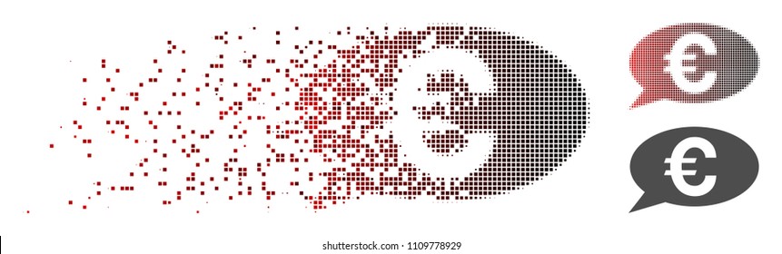 Vector Euro message icon in dissolved, dotted halftone with red to black horizontal gradient and undamaged whole variants. Disappearing effect uses rectangle dots.