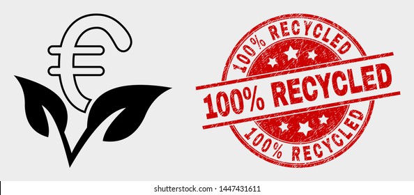 Vector euro startup sprout icon and 100% Recycled seal stamp. Red rounded scratched seal stamp with 100% Recycled text. Vector composition for euro startup sprout in flat style.