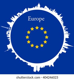 Vector Europe Circular background with skylines of europeans capitals and flag