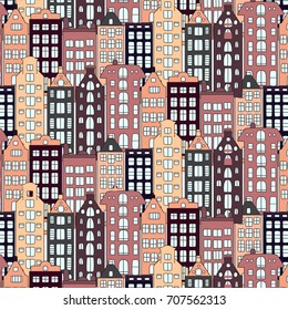 Vector Europe houses and building illustration. Urban pattern style. Street modern cottage exterior texture. Contemporary property fabric