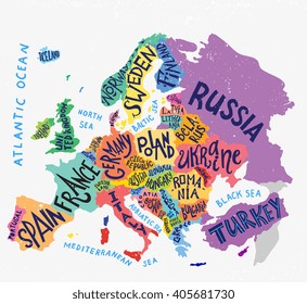 Vector Europe Map. Decorative Typography Poster With All European Countries, Unique Lettering Design For Print, Home Decoration, School Infographic. Colorful Editable Vector Illustration.
