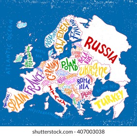 Vector Europe map. Decorative typography poster with all european countries, unique lettering design for print, home decoration, school infographic. Colorful editable vector illustration.