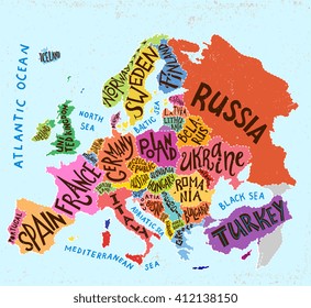 Vector Europe map. Decorative typography poster with all European countries, unique lettering design for print, home decoration, school infographic. Colorful editable vector illustration.