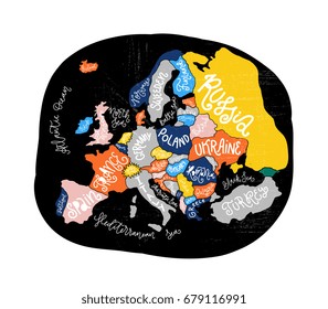 Vector Europe map. Decorative typography poster with all European countries, unique lettering design for print, home decoration, school infographic. Colorful editable illustration.