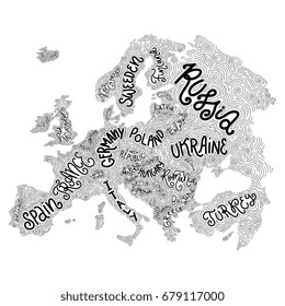 Vector Europe map. Decorative typography poster with all European countries, unique lettering design for print, home decoration, school infographic. Colorful editable illustration.