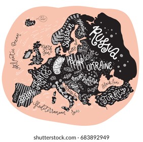 Vector Europe map. Decorative typography poster with all European countries, unique lettering design for print, home decoration, school infographic. Colorful editable illustration.