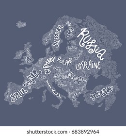 Vector Europe map. Decorative typography poster with all European countries, unique lettering design for print, home decoration, school infographic. Colorful editable illustration.