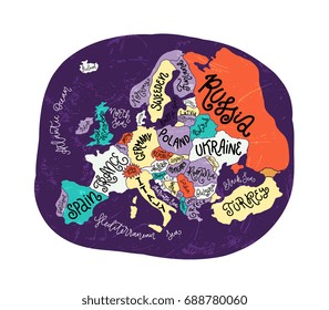 Vector Europe map. Decorative typography poster with all European countries, unique lettering design for print, home decoration, school infographic. Colorful editable illustration.