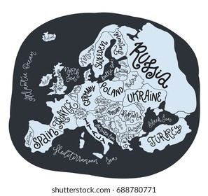 Vector Europe map. Decorative typography poster with all European countries, unique lettering design for print, home decoration, school infographic. Colorful editable illustration.