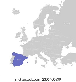 Mapa Vector Europa con frontera nacional y estado de color de España