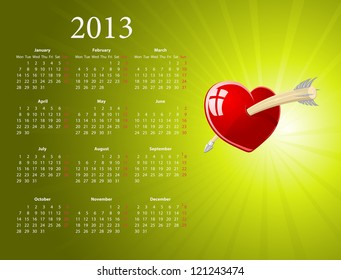 Vector European 2013 calendar with glossy heart for Valentines Day