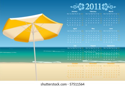 Vector European calendar 2011 with tropic beach, starting from Mondays