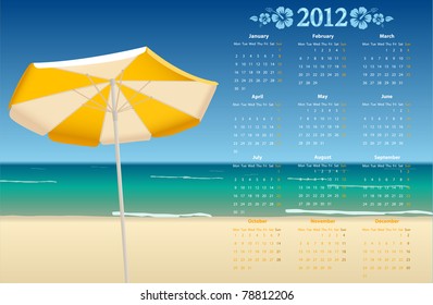 Vector European calendar 2012 with tropic beach, starting from Mondays