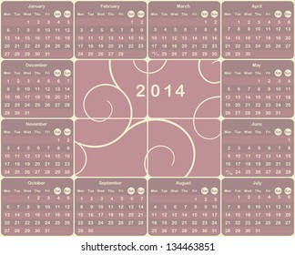Vector European calendar for 2014 year.