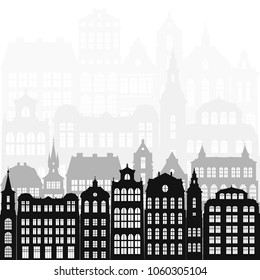 vector european city, silhouettes of houses, urban background, hand drawn illustration