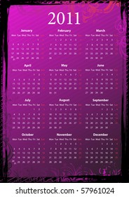 Vector European floral pink and black grungy calendar 2011, starting from Mondays