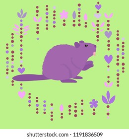Vector european forest animal flat cartoon style hand drawn forest beaver cute animal beaver isolated on green simple style mammal european animal beaver isolated with decor vector illustration flat