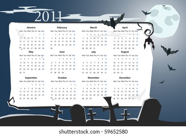 Vector European Halloween calendar 2011 with cemetery, full moon and bats (starting from Mondays)
