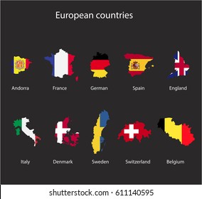 Vector European Map Silhouette with Flags. Every Map is Isolated on Its Own Layer
