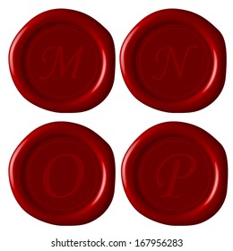 vector of european modern english alphabet "M,N,O,P" letters on sealing wax