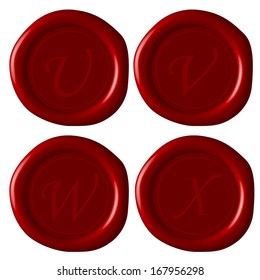 vector of european modern english alphabet "U,V,W,X" letters on sealing wax 