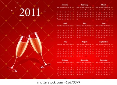Vector European red calendar 2011 with champagne, starting from Mondays