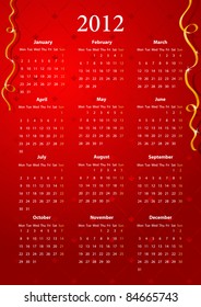 Vector European red calendar 2012, starting from Mondays