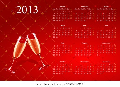 Vector European red calendar 2013 with champagne, starting from Mondays