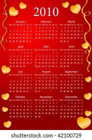 Vector European red calendar with golden hearts, starting from Mondays