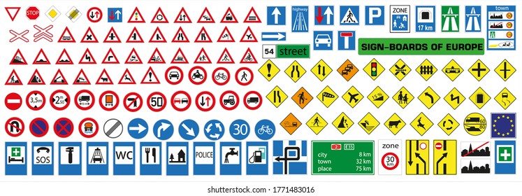 Vector european road signs with details.