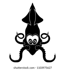 Vector European Squid Silhouette Isolated on White Background. Cute Seafood. Animal Under Water. Sea Monster