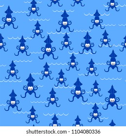 Vector European Squid Silhouette Seamless Pattern Isolated on Blue Background. Cute Seafood. Animal Under Water. Sea Monster