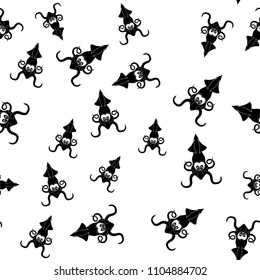 Vector European Squid Silhouette Seamless Pattern Isolated on White Background. Cute Seafood. Animal Under Water. Sea Monster