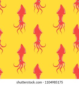 Vector European Squid Silhouette Seamless Pattern Isolated on Yellow Background. Cute Seafood. Animal Under Water. Sea Monster