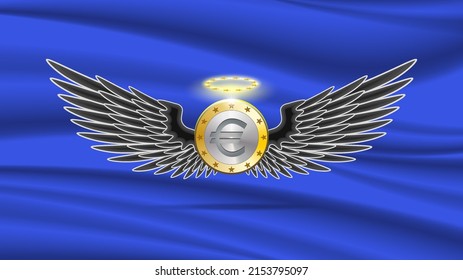 Vector European Union bimetal euro coin with spread black wings and glowing halo. Blue wavy background