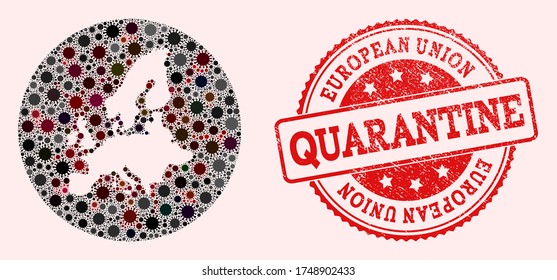Vector European Union map collage of SARS virus and red grunge quarantine seal stamp. Infection cells around the quarantine territory from external zone.