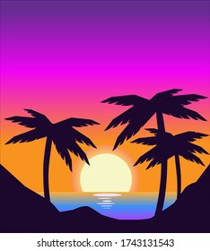 vector evening beach landscape with palms and sunset. silhouette palm trees on beach 